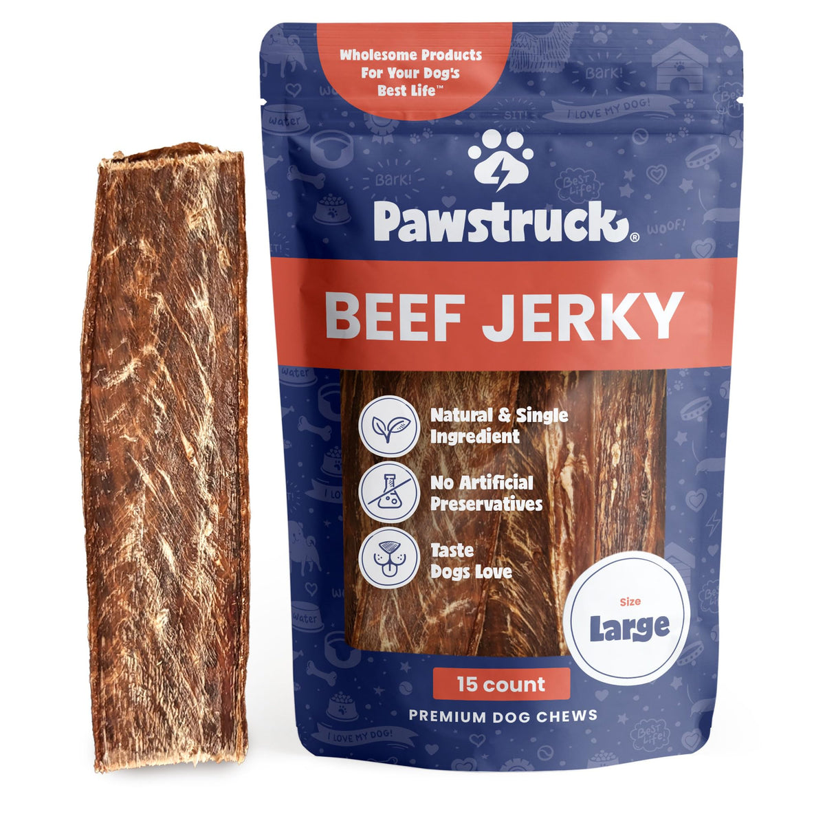 Pawstruck empaque frontal mostrando 15 tiras y beneficio de calidad
