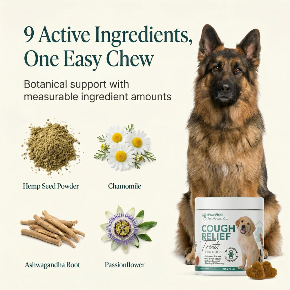 PawVital perro comiendo masticable para alivio respiratorio inmediato