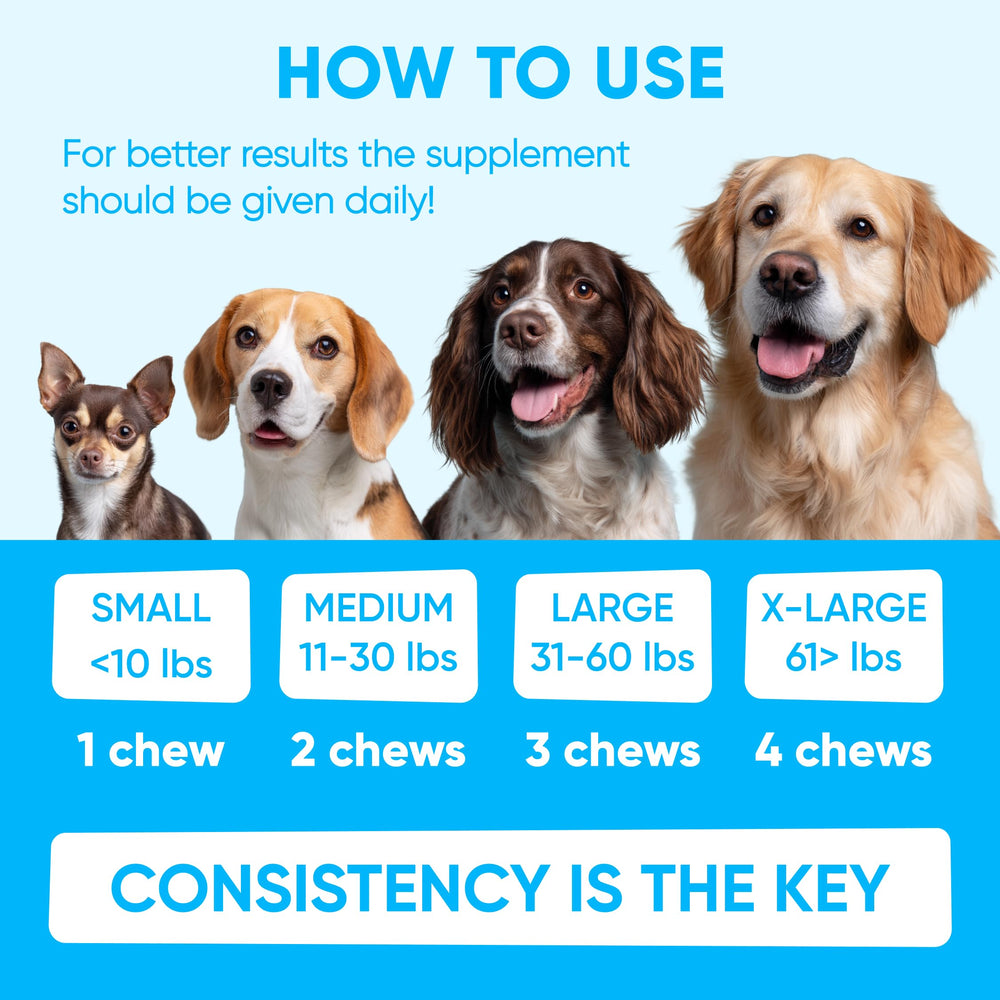 Comparación de masticables Pawzitive Pets frente a tamaños de perro para dosificación