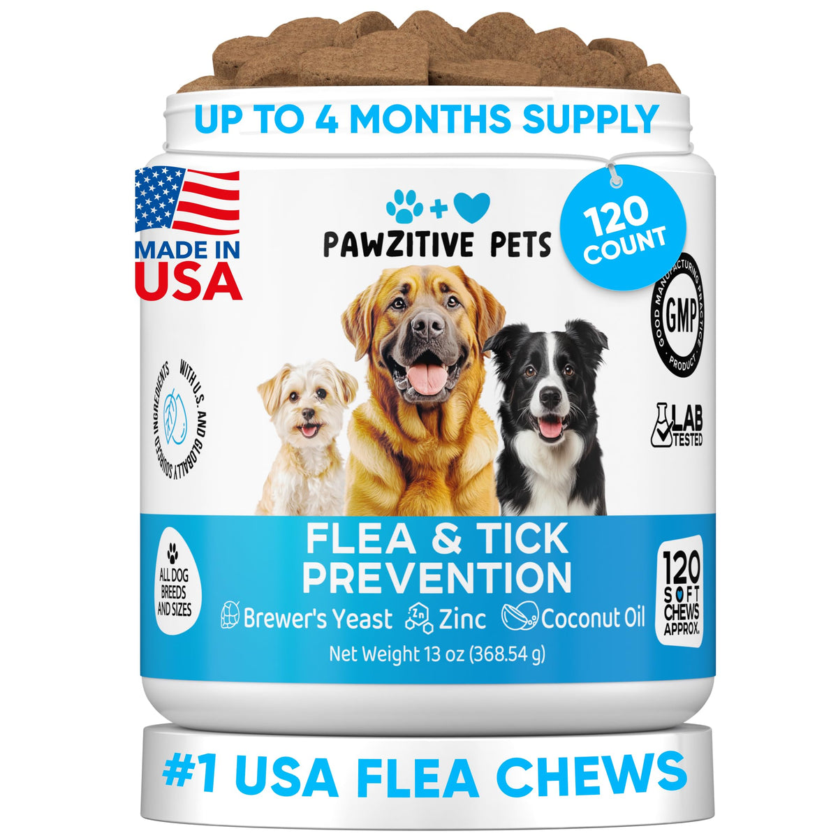 Pawzitive Pets envase frontal mostrando 120 masticables y beneficios prácticos