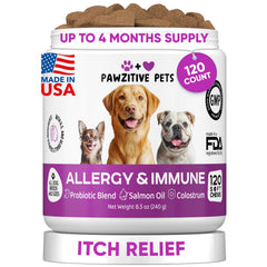 Pawzitive Pets frasco frontal mostrando masticables y beneficio comodidad