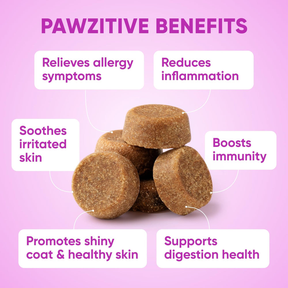 Pawzitive Pets perro tomando masticable aliviando picor inmediatamente
