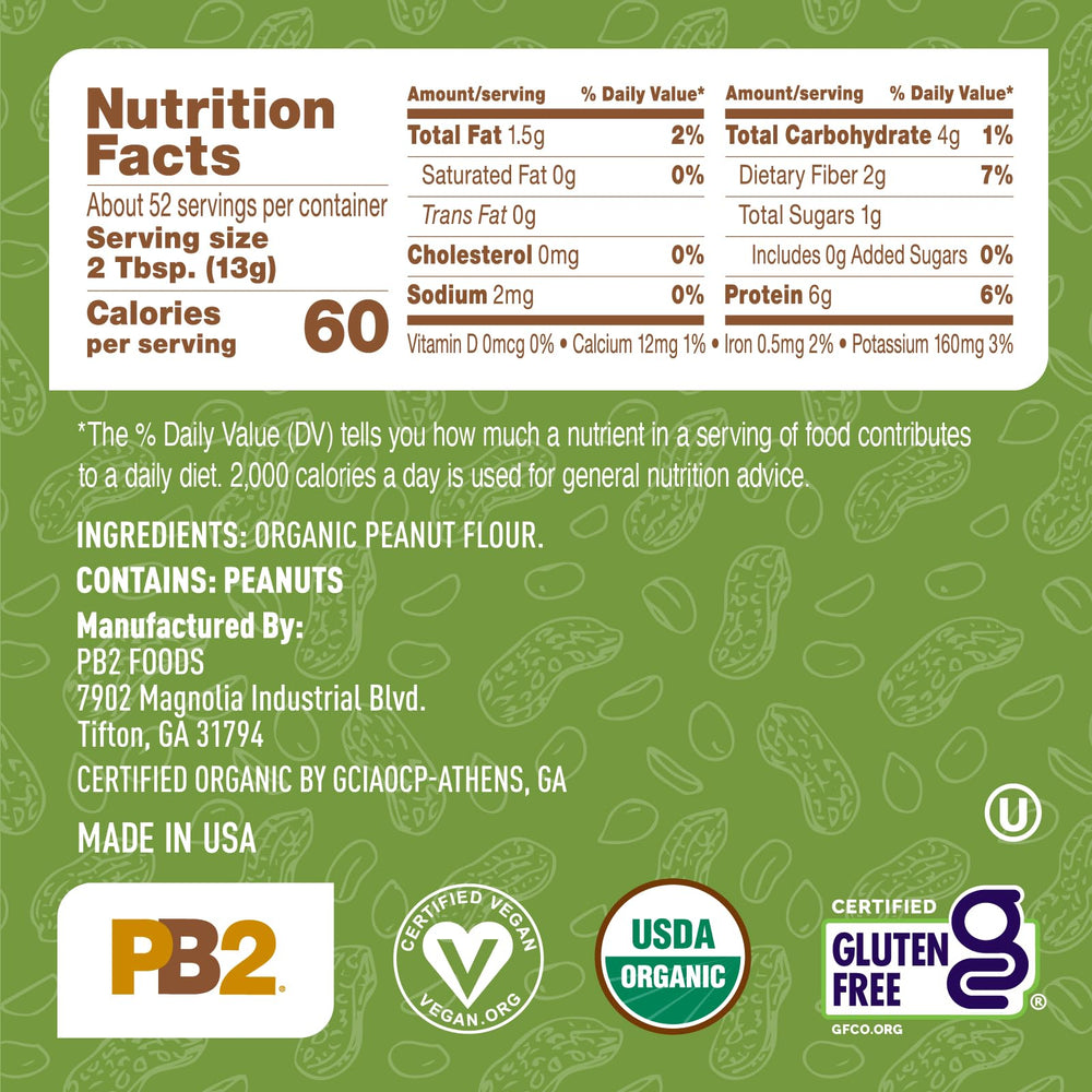 PB2 etiqueta con sellos USDA Organic y Non-GMO para confianza