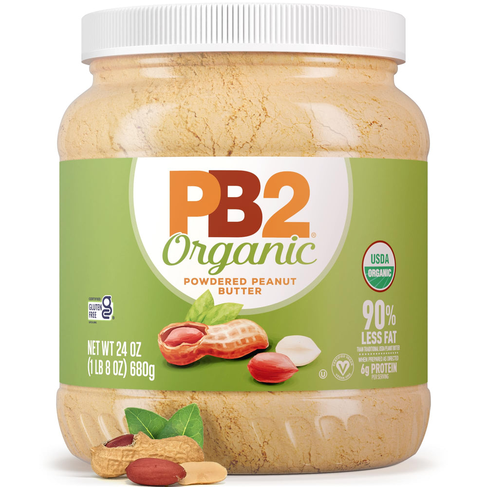 PB2 envase frontal 24oz mostrando la etiqueta orgánica y beneficios