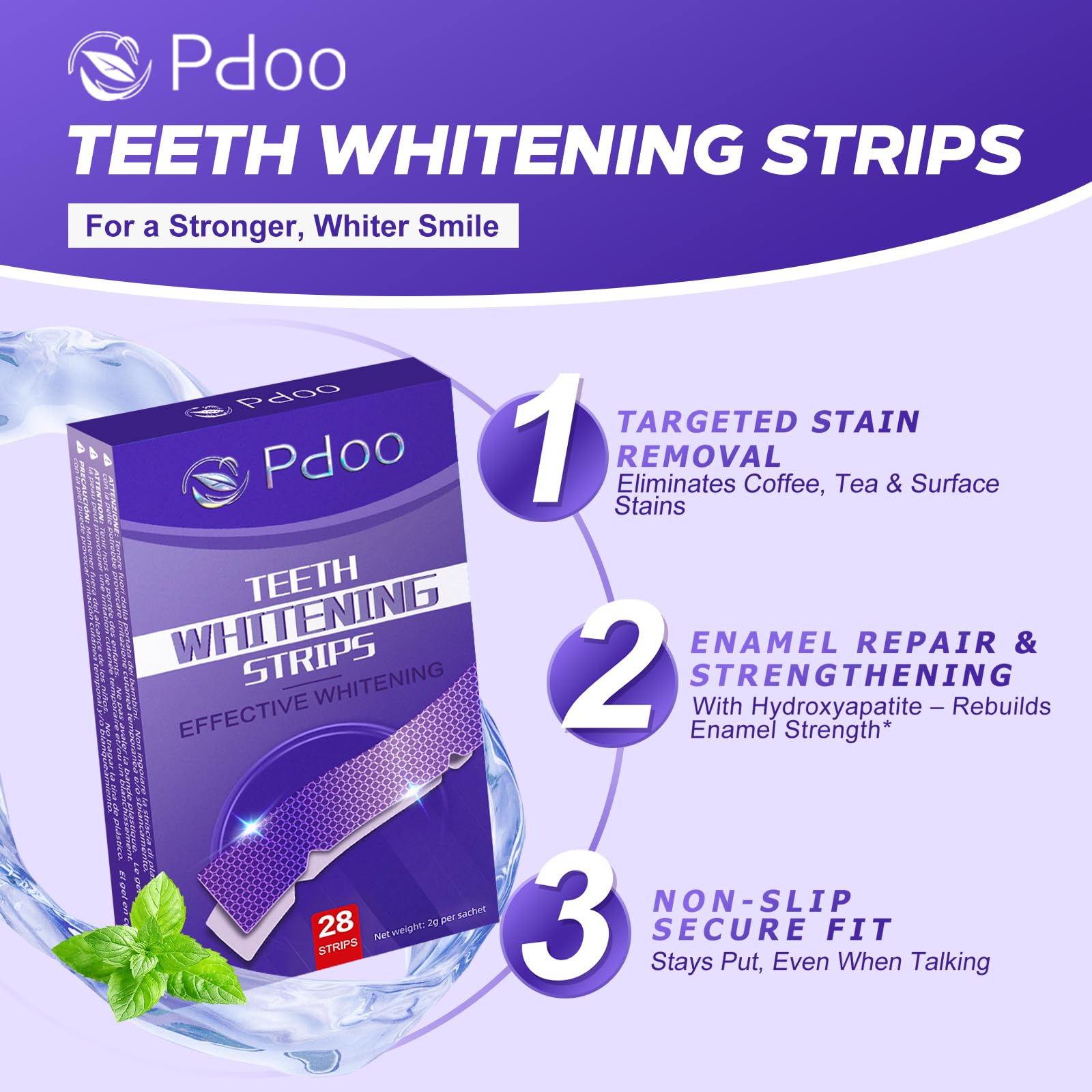 Pdoo persona aplicando tiras moradas y sonriendo con comodidad