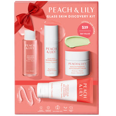 Peach & Lily kit frontal mostrando los cuatro productos y beneficio de rutina completa
