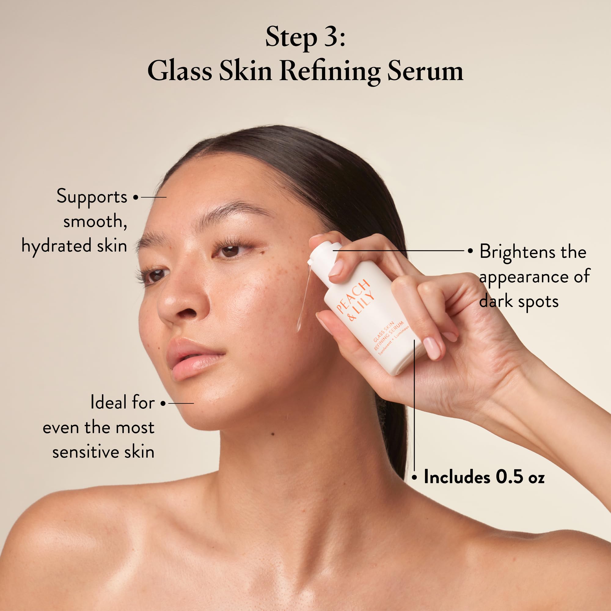 Peach & Lily Glass Skin Refining Serum al dispensar, efecto suavizante visible