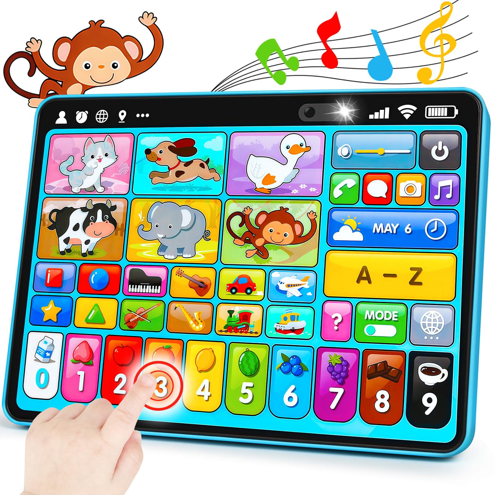 Peacurh tablet frontal mostrando los 39 iconos y botones grandes para aprendizaje