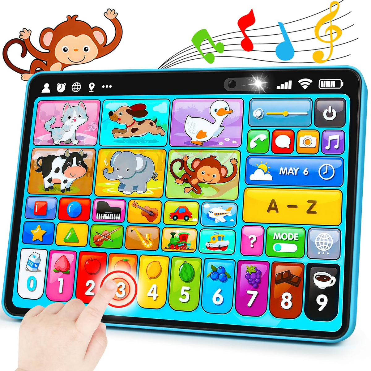 Peacurh tablet frontal mostrando los 39 iconos y botones grandes para aprendizaje