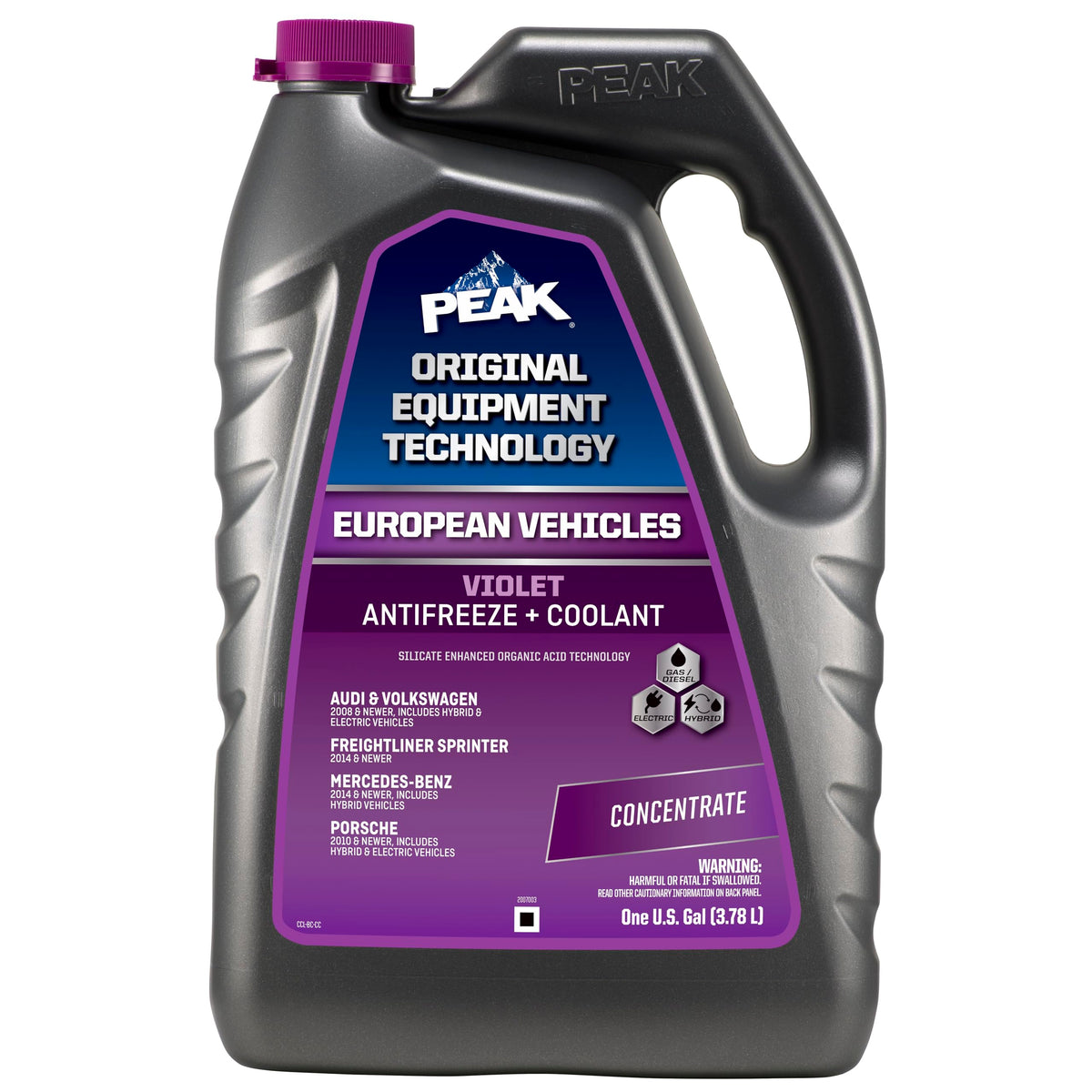 PEAK envase frontal mostrando color violeta y protección prolongada