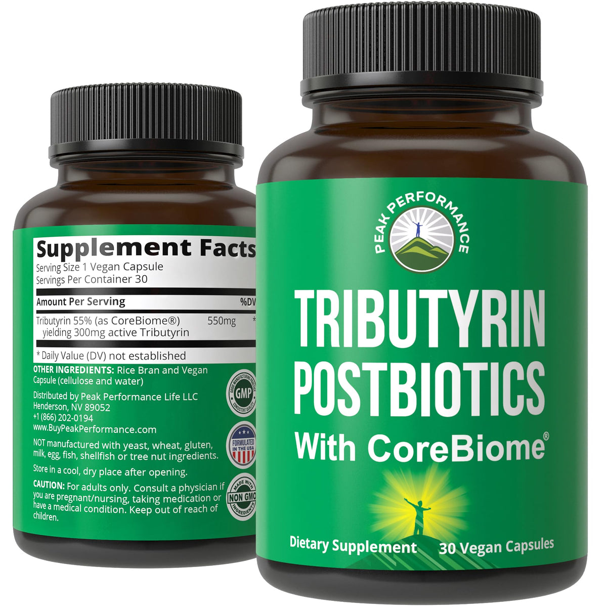 Peak Performance frasco CoreBiome frente mostrando marca y beneficio de microbioma
