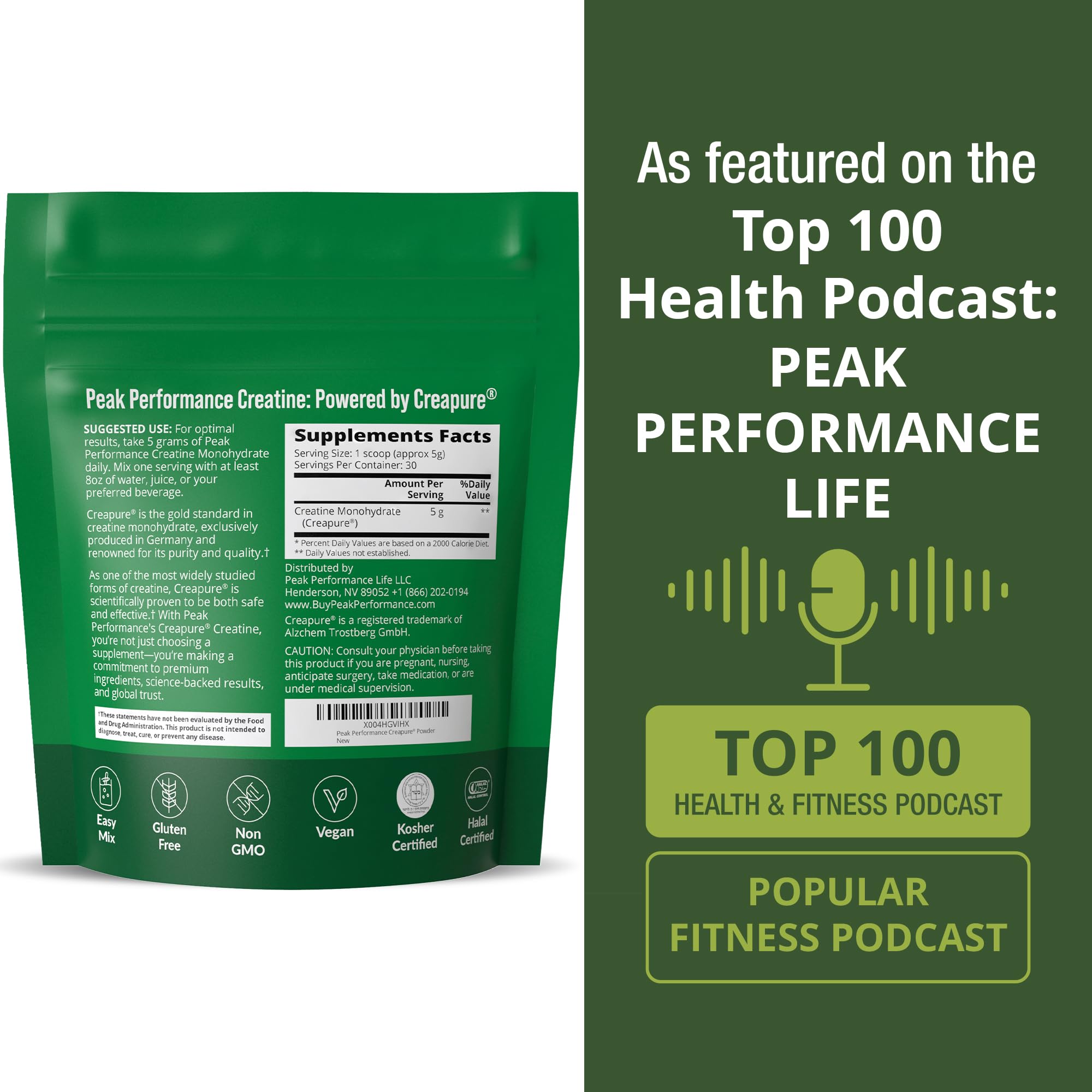 Peak Performance etiqueta de ingredientes destacando pureza y certificaciones