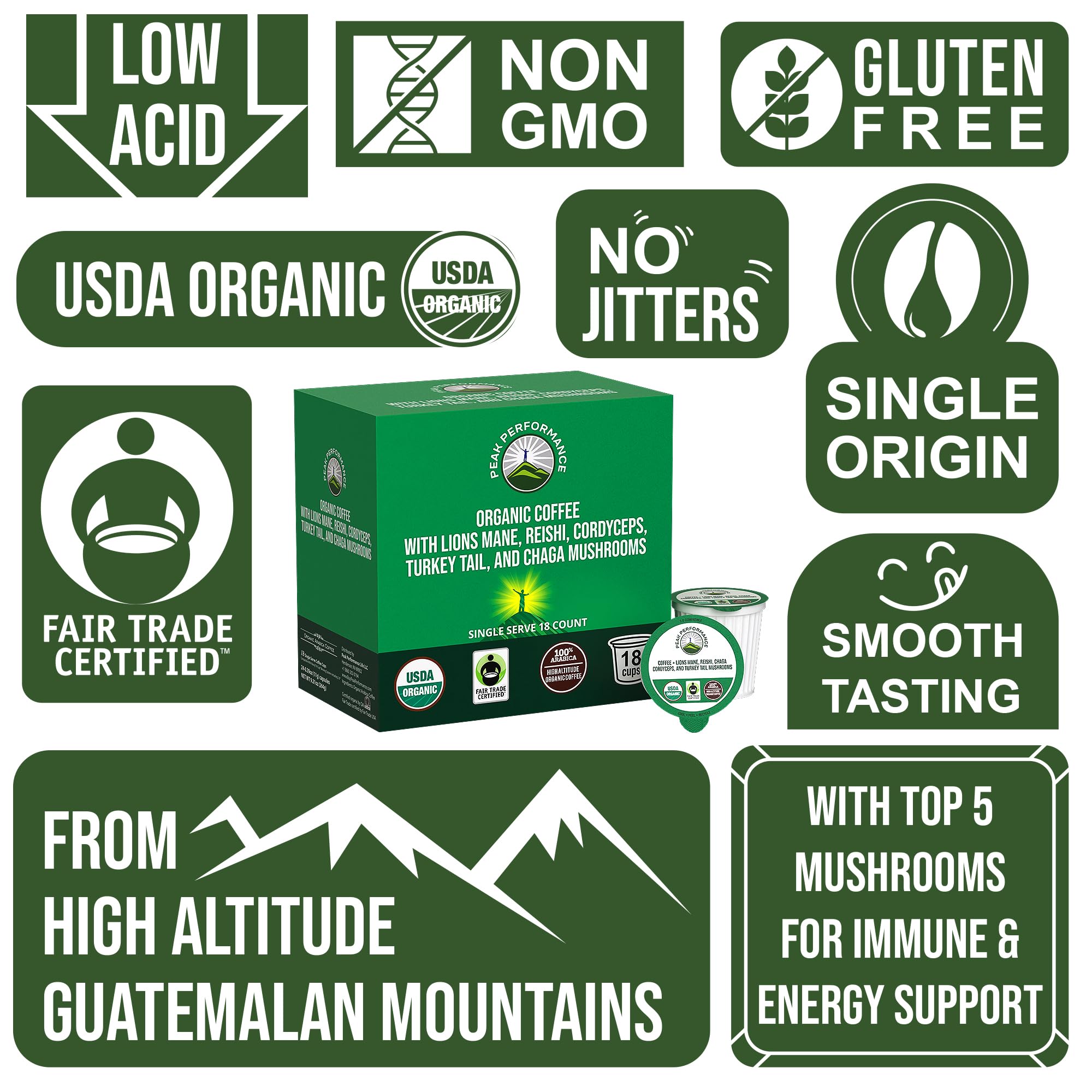 Peak Performance ingredientes: frascos con Lion's Mane, Reishi y Chaga visibles