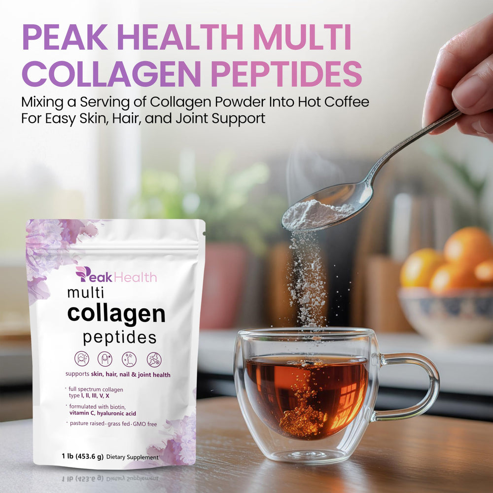 Peakhealth cucharada llenando vaso con agua, dosificación sencilla