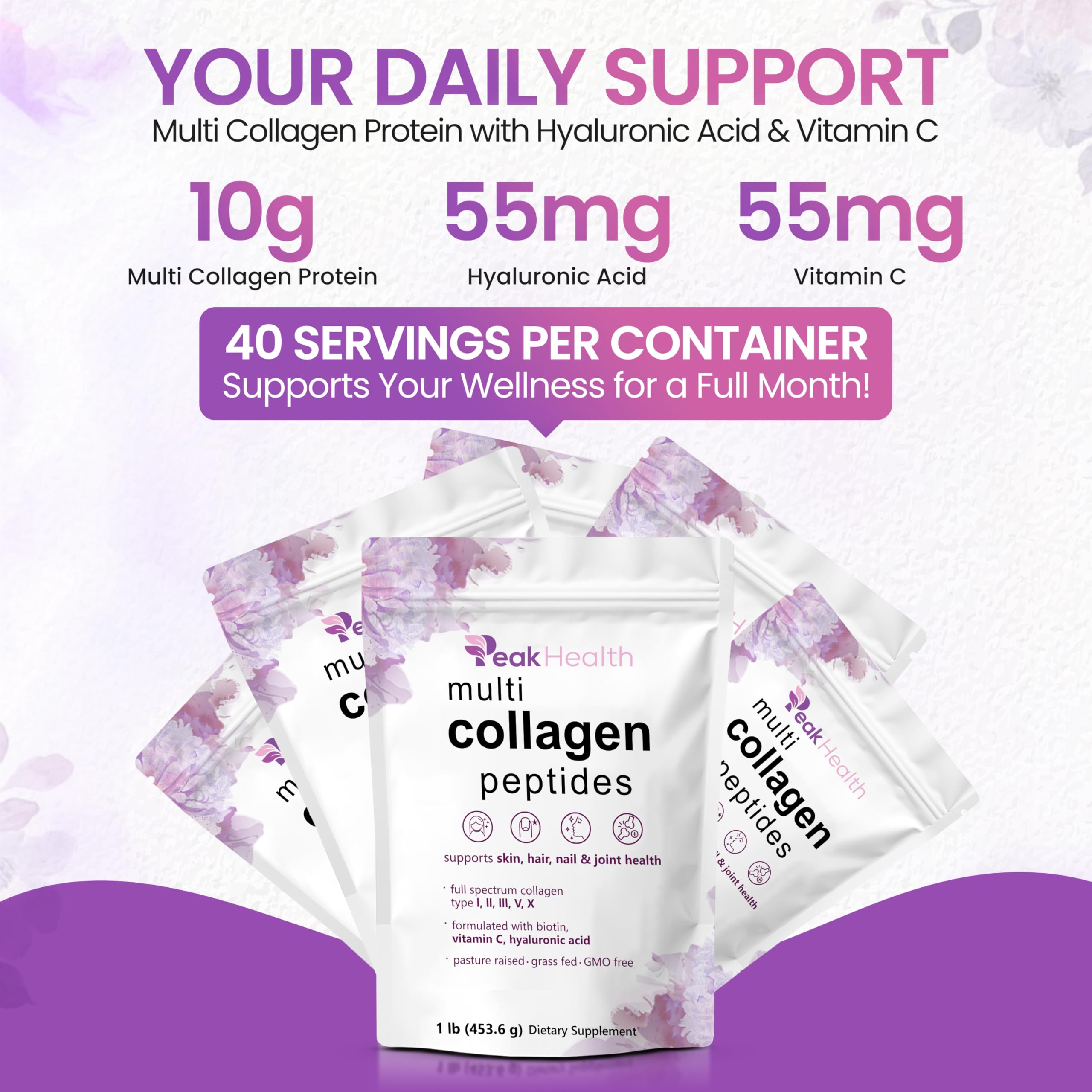 Peakhealth etiqueta con ingredientes y cantidades, transparente