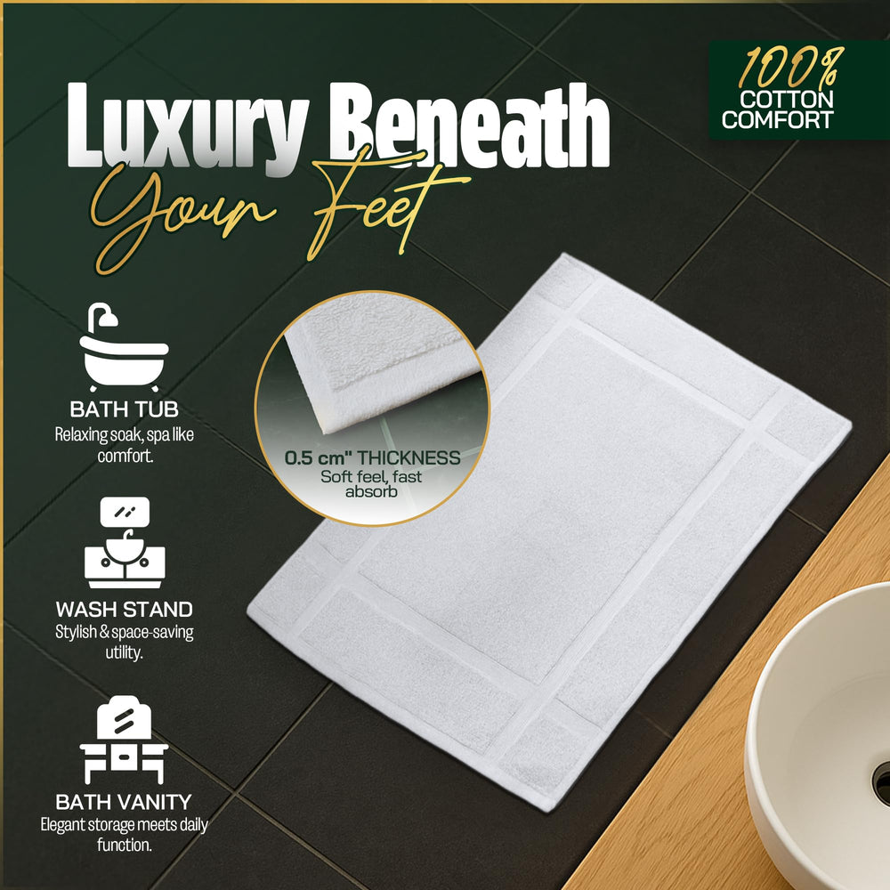 Pearl Linens neatly stacked six bath mats emphasizing consistent look and linen rotation ease