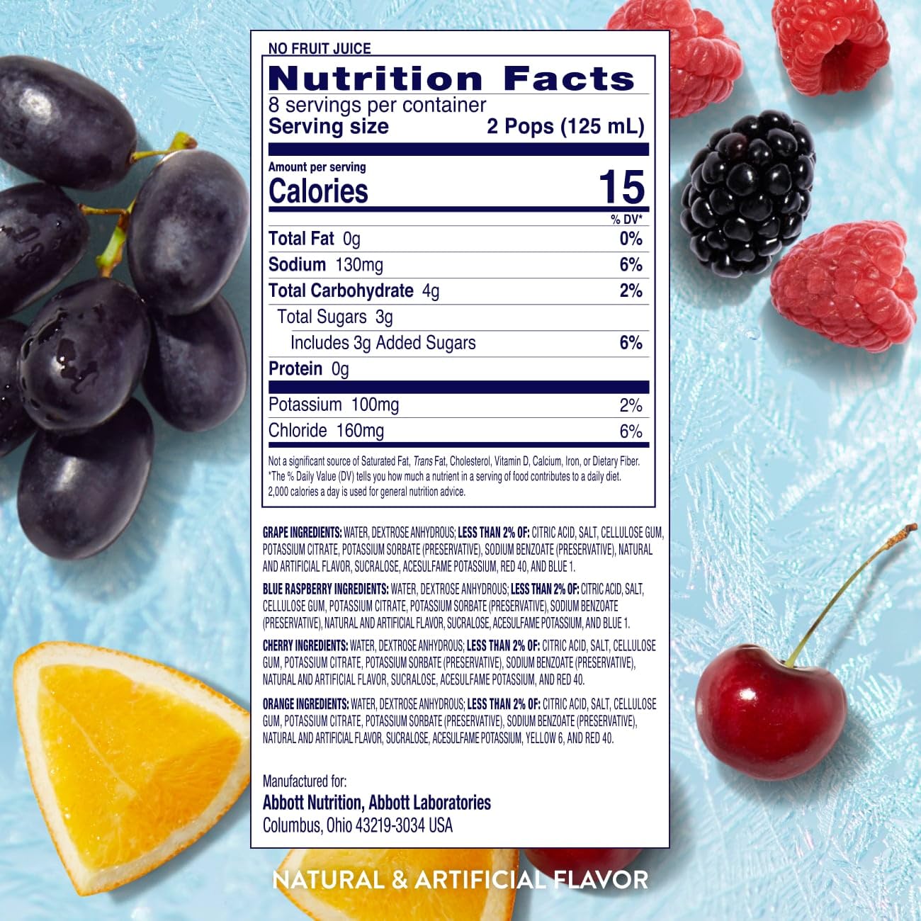 Primer plano de la etiqueta nutricional de Pedialyte con información de electrolitos y azúcares