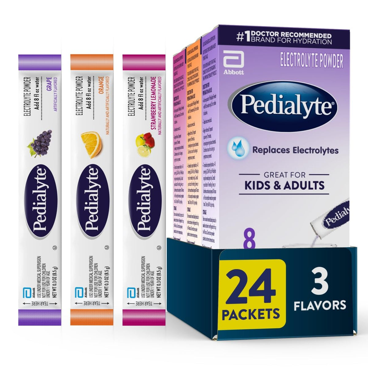 Pedialyte frente del empaque mostrando variedad y facilidad de transporte