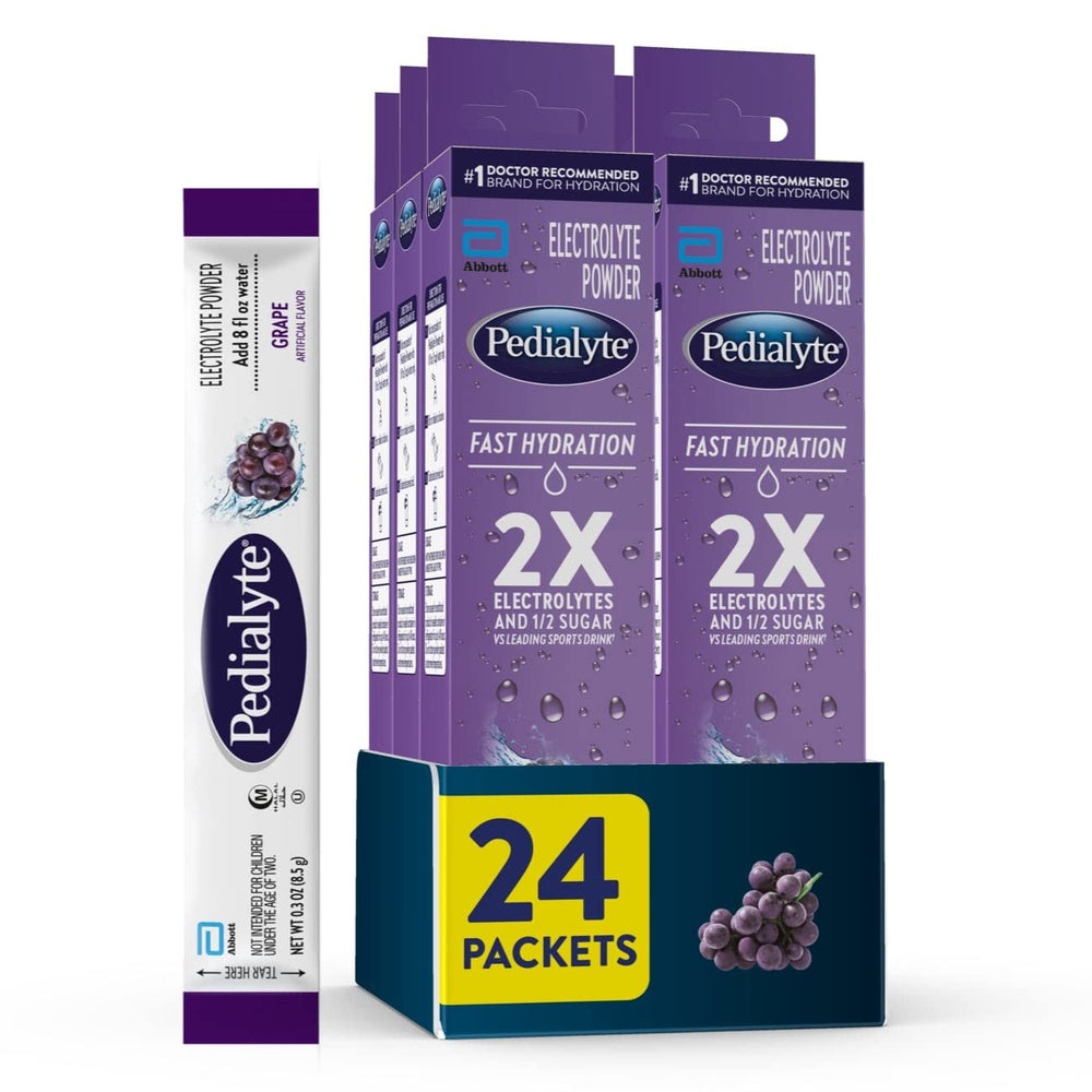 Pedialyte frente del empaque uva mostrando 24 sobres y marca Pedialyte para rehidratación rápida