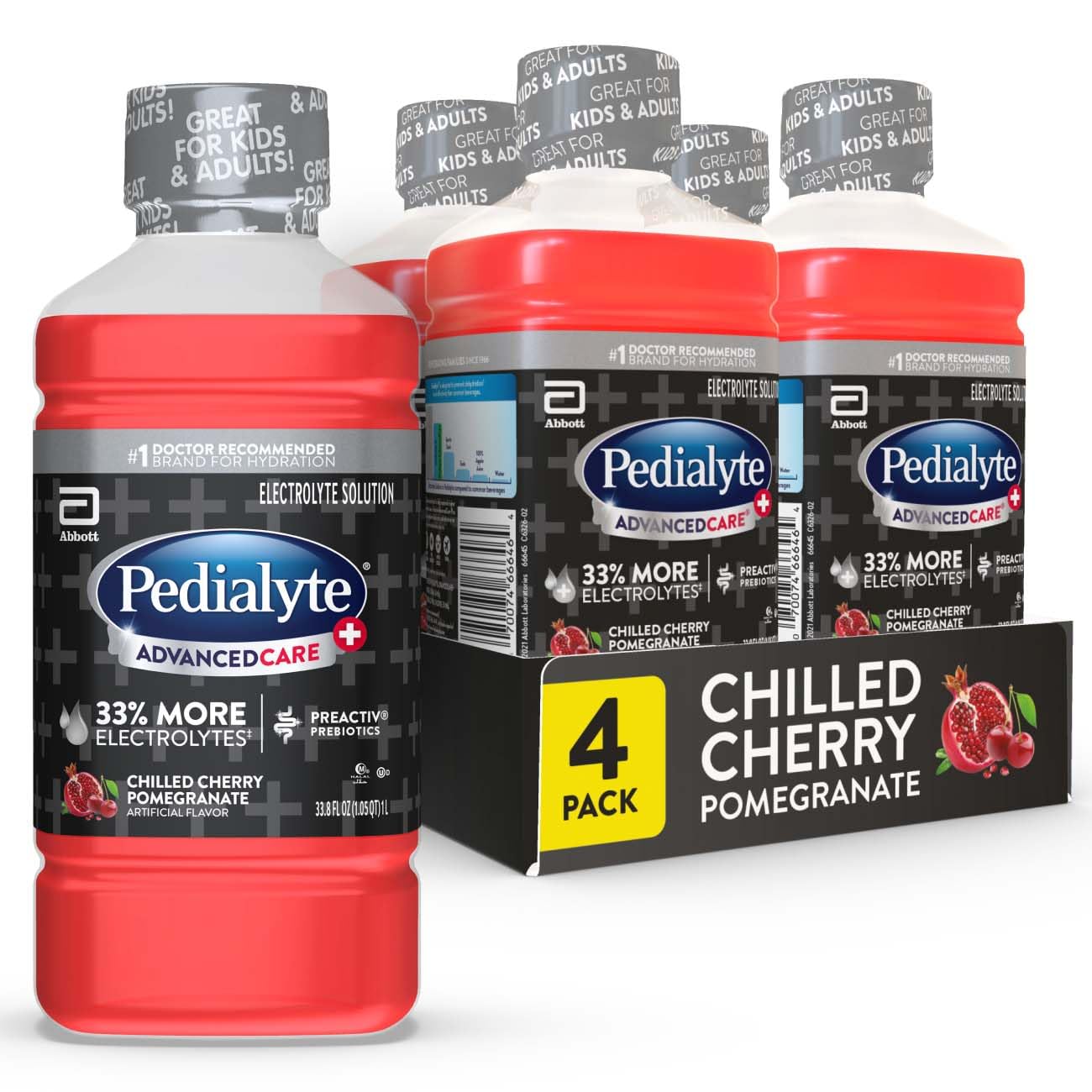 Pedialyte front packaging showing chilled cherry pomegranate flavor and easy-to-read branding