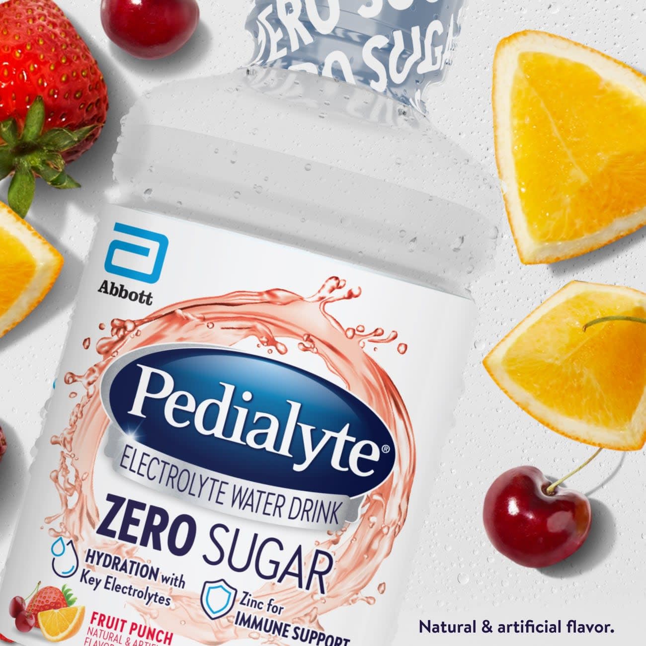 Pedialyte Fruit Punch pouring into a glass, illustrates easy ready-to-drink hydration