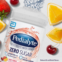 Pedialyte Fruit Punch pouring into a glass, illustrates easy ready-to-drink hydration