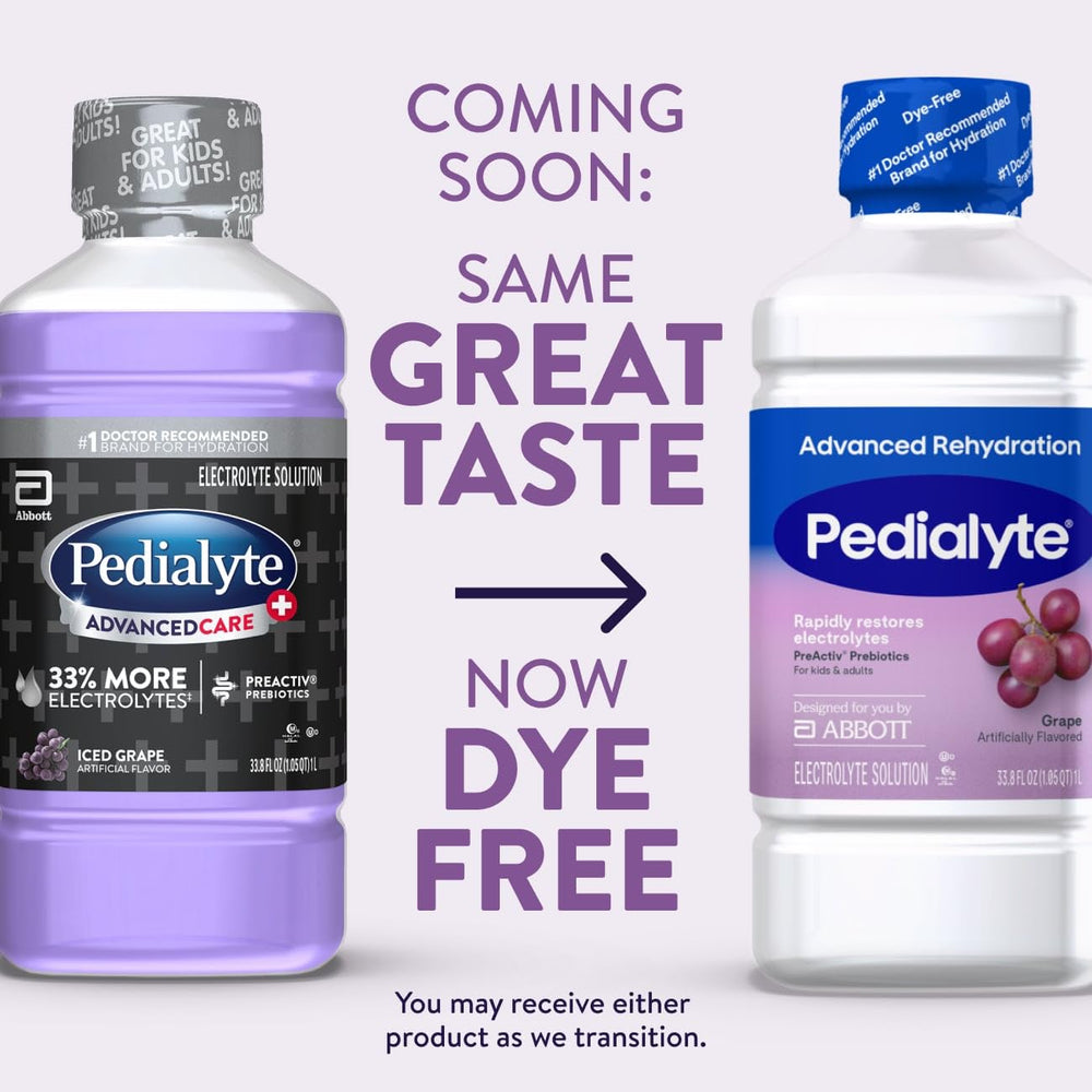 Pedialyte líquido Iced Grape vertiéndose para mostrar textura y claridad