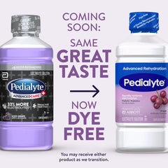 Pedialyte líquido Iced Grape vertiéndose para mostrar textura y claridad