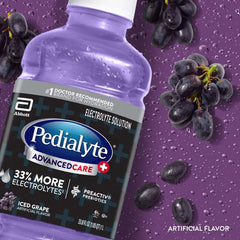 Pedialyte etiqueta detallada Iced Grape con información de electrolitos visible