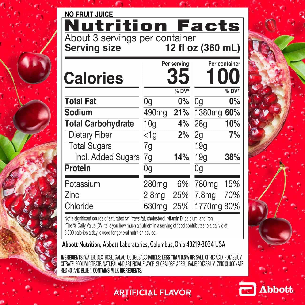 Pedialyte label and ingredients with PreActiv prebiotics callout for digestive support