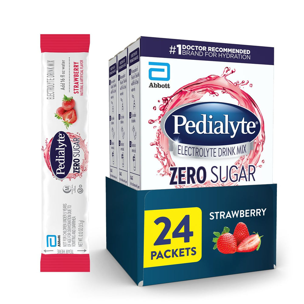 Pedialyte sobre fresa frente mostrando el empaque y beneficios de hidratación