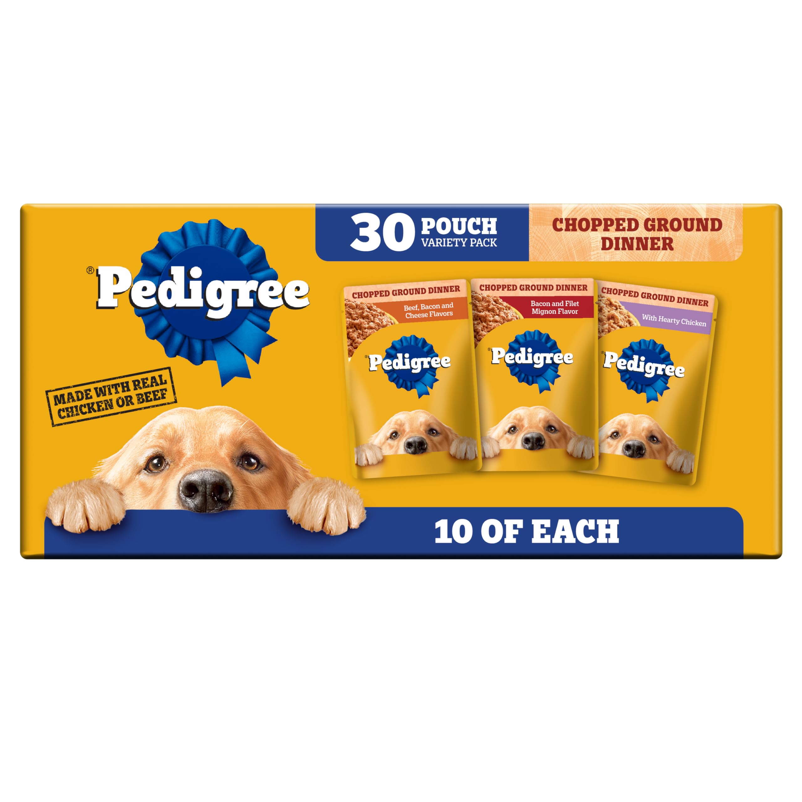 Pedigree front packaging showing variety pack and convenient pouches