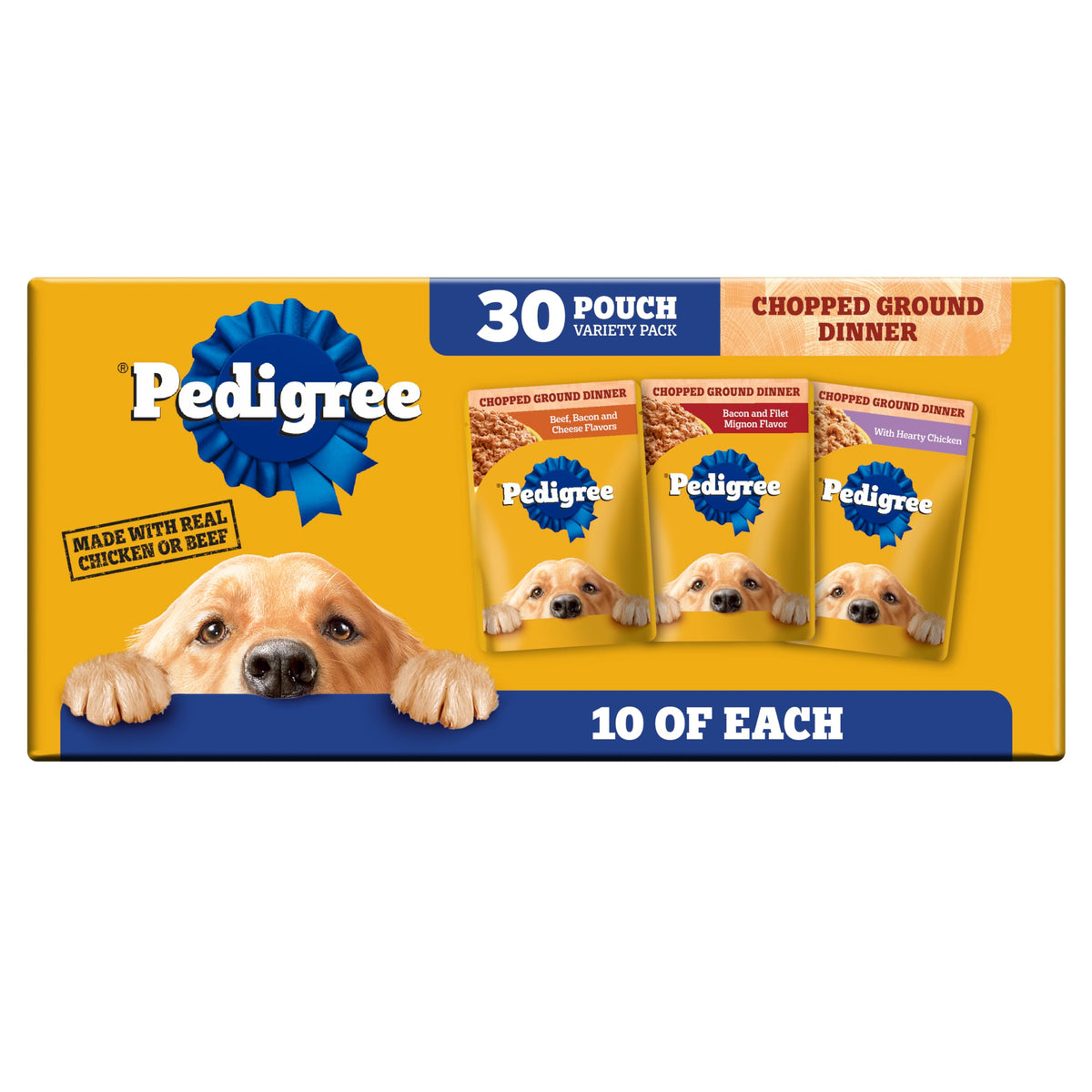 Pedigree front packaging showing variety pack and convenient pouches