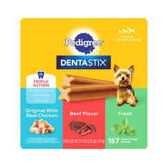 Pedigree Dentastix paquete frontal muestra la presentación grande y beneficios