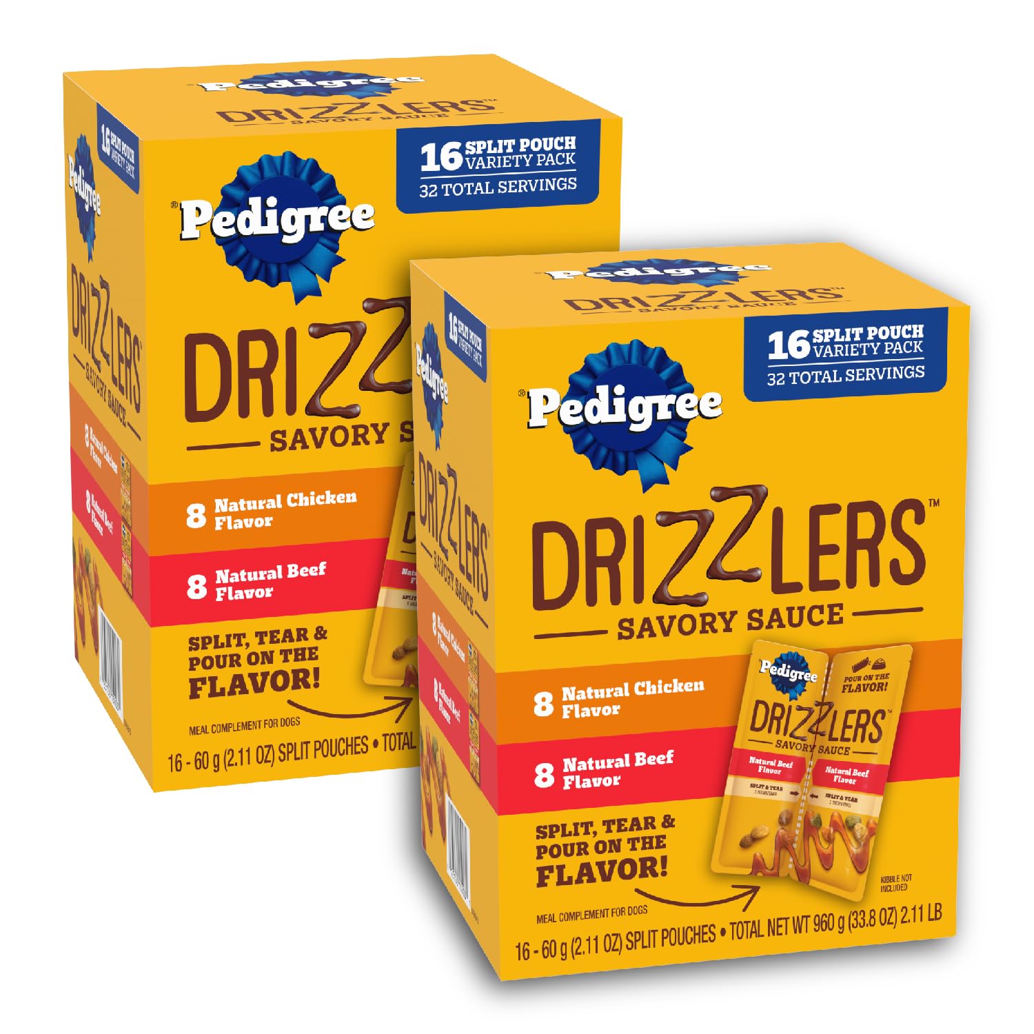Pedigree Drizzlers frente del sobre mostrando el empaque y facilidad de uso