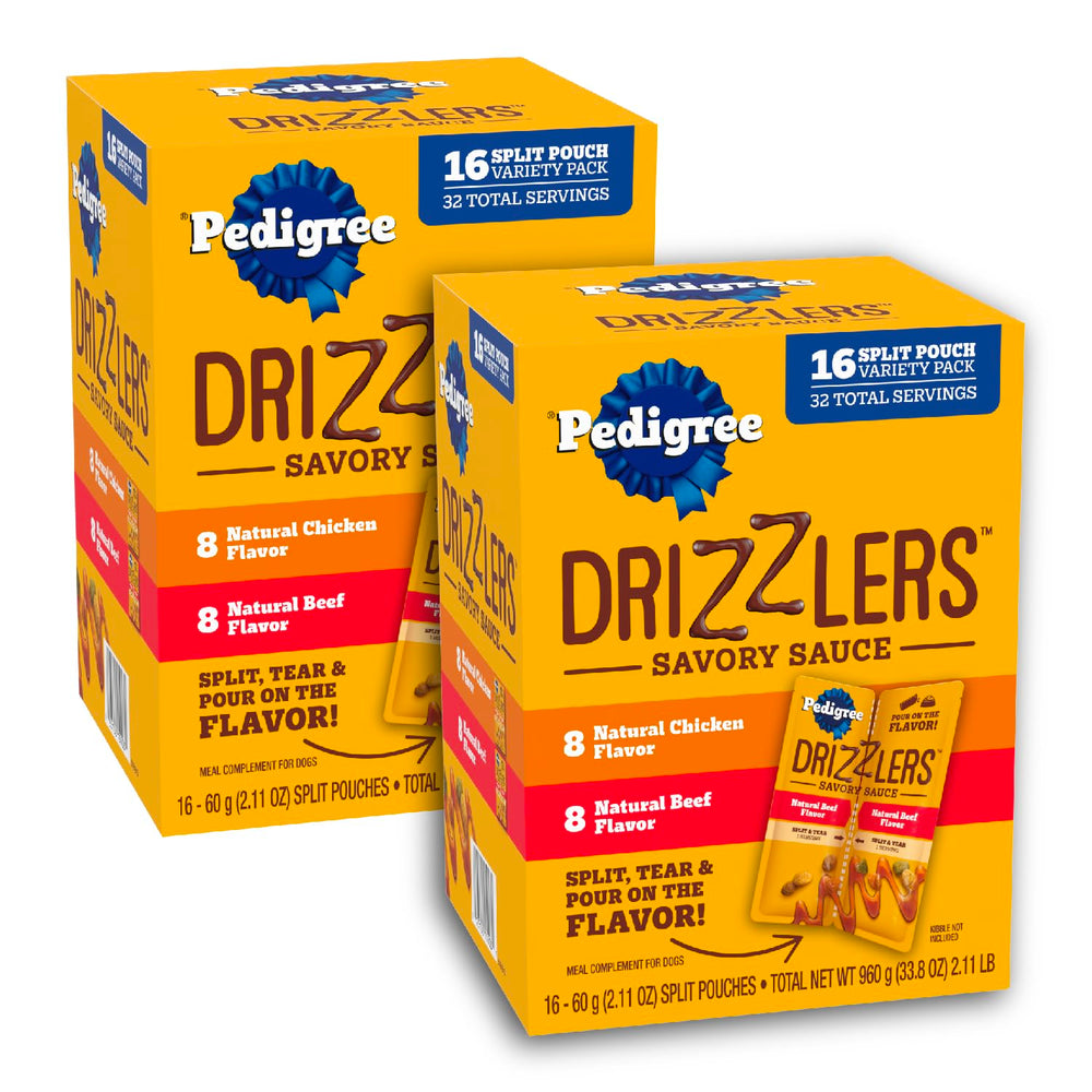 Pedigree Drizzlers frente del sobre mostrando el empaque y facilidad de uso
