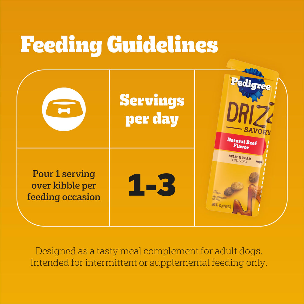 Pedigree Drizzlers porción doble separada lista para servir ahora y después