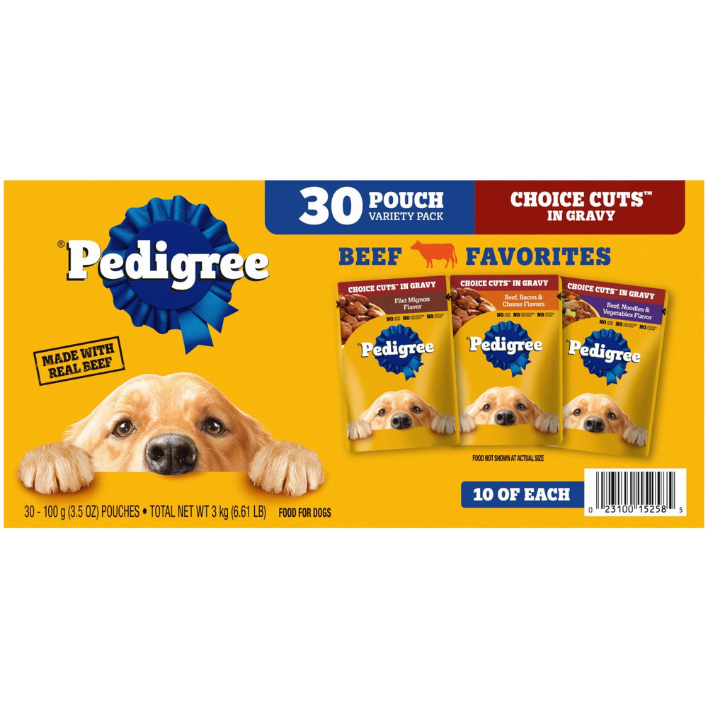 Pedigree empaque frontal Choice Cuts mostrando variedad y conveniencia