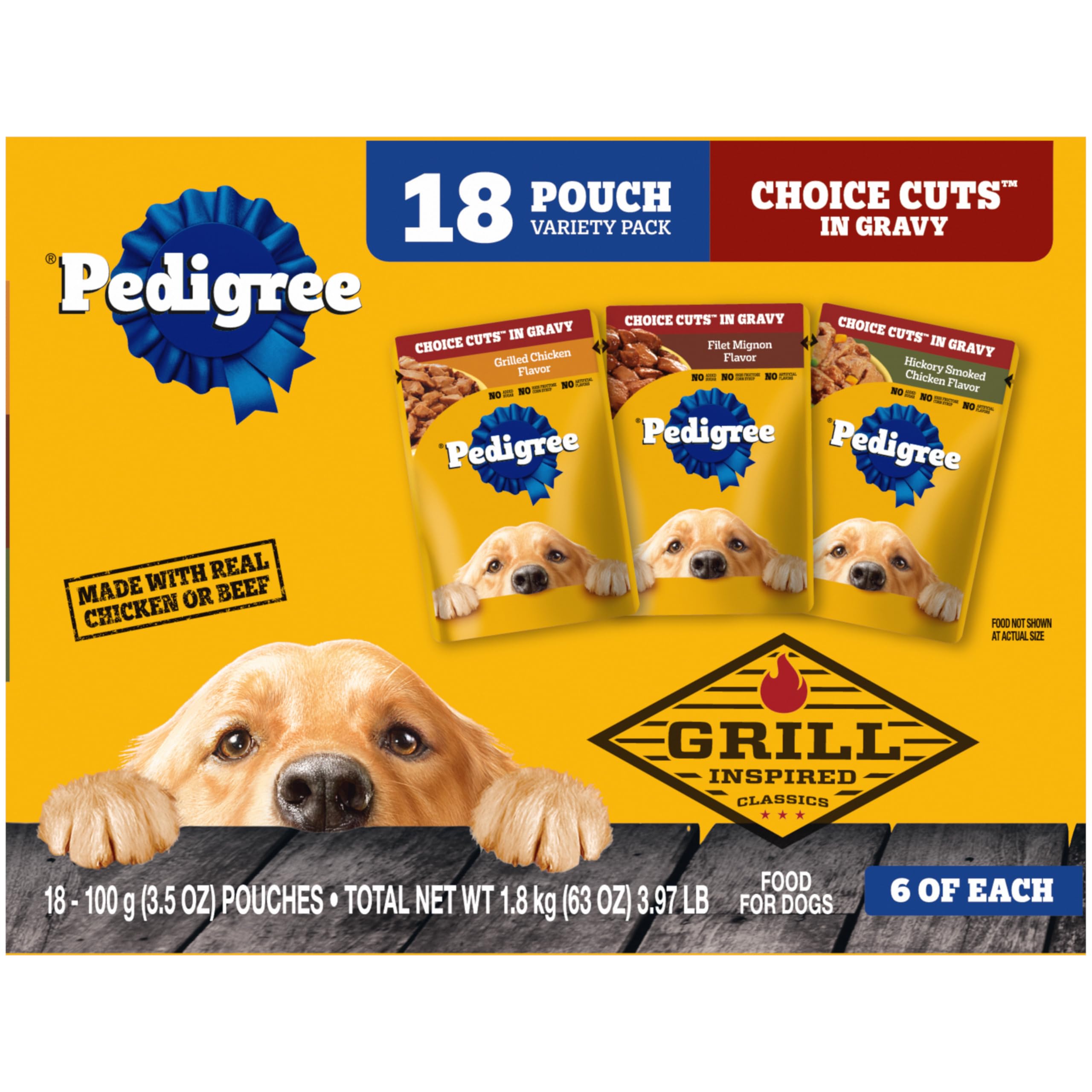 Pedigree empaque frontal Choice Cuts Grill muestra sabor y formato práctico