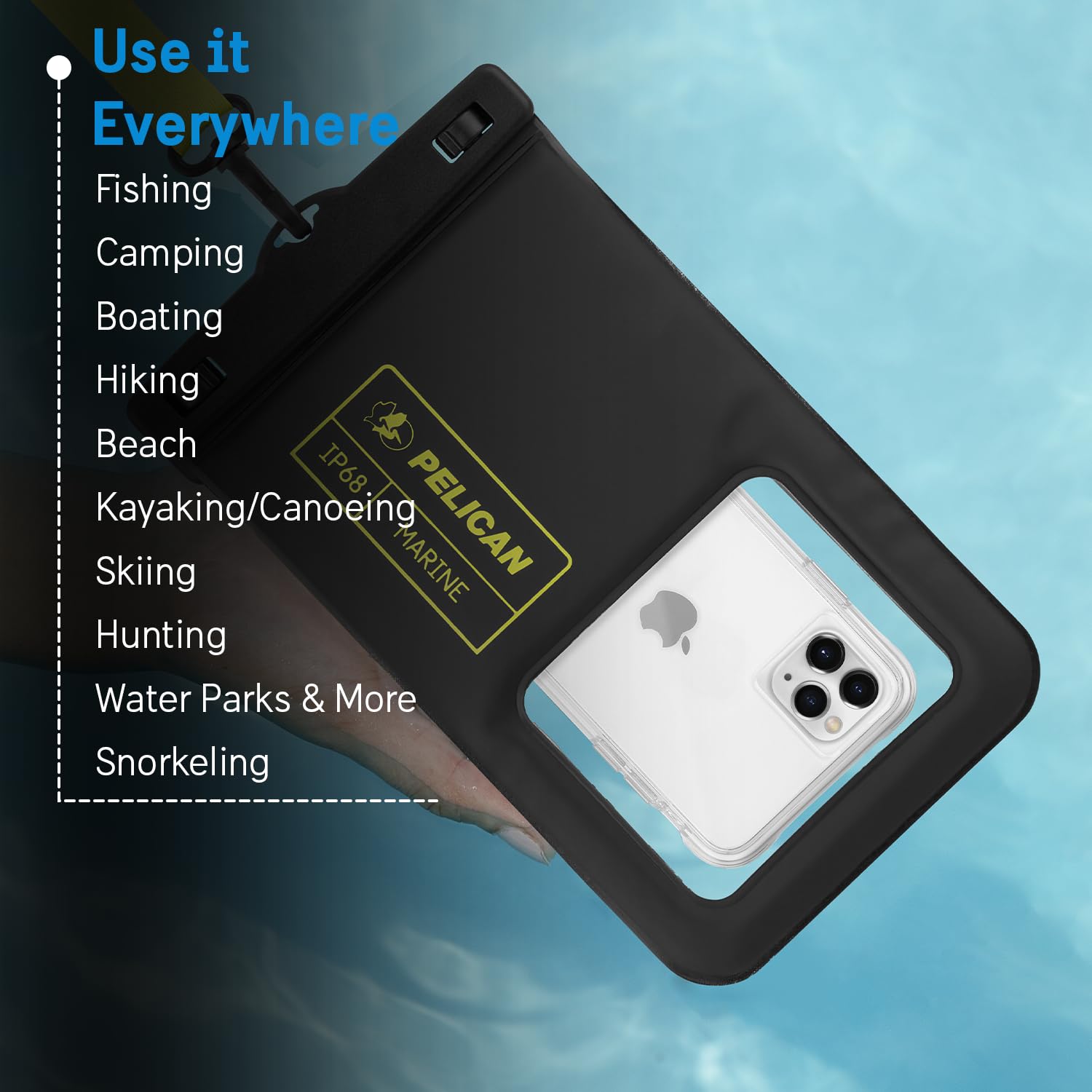 Pelican Marine open with phone and keys showing storage for small valuables