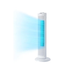 PELONIS vista frontal del ventilador torre mostrando diseño compacto y beneficio de ahorro de espacio