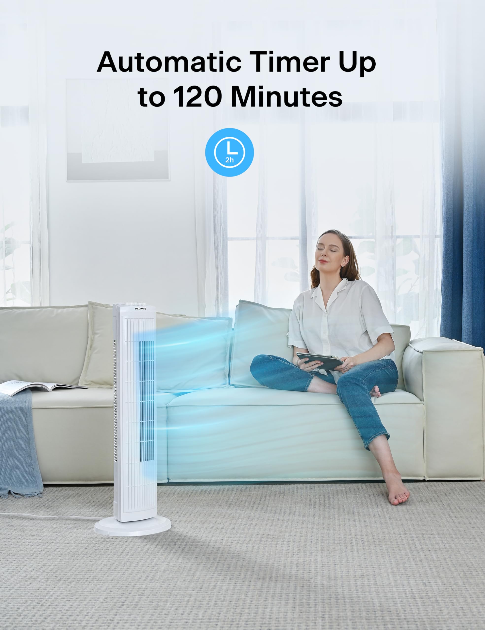 PELONIS ventilador oscilando 90 grados para distribuir aire de manera uniforme en la habitación