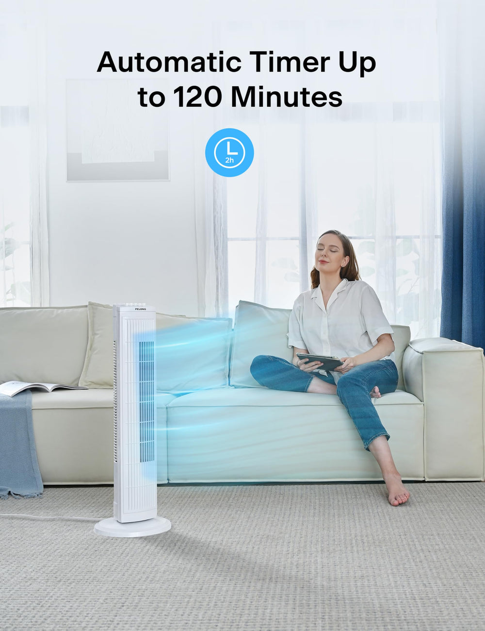 PELONIS ventilador oscilando 90 grados para distribuir aire de manera uniforme en la habitación
