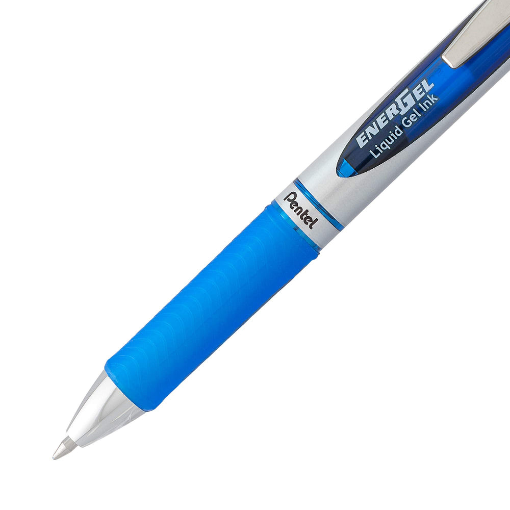 Pentel EnerGel RTX etiqueta que destaca capacidad recargable y ahorro ambiental