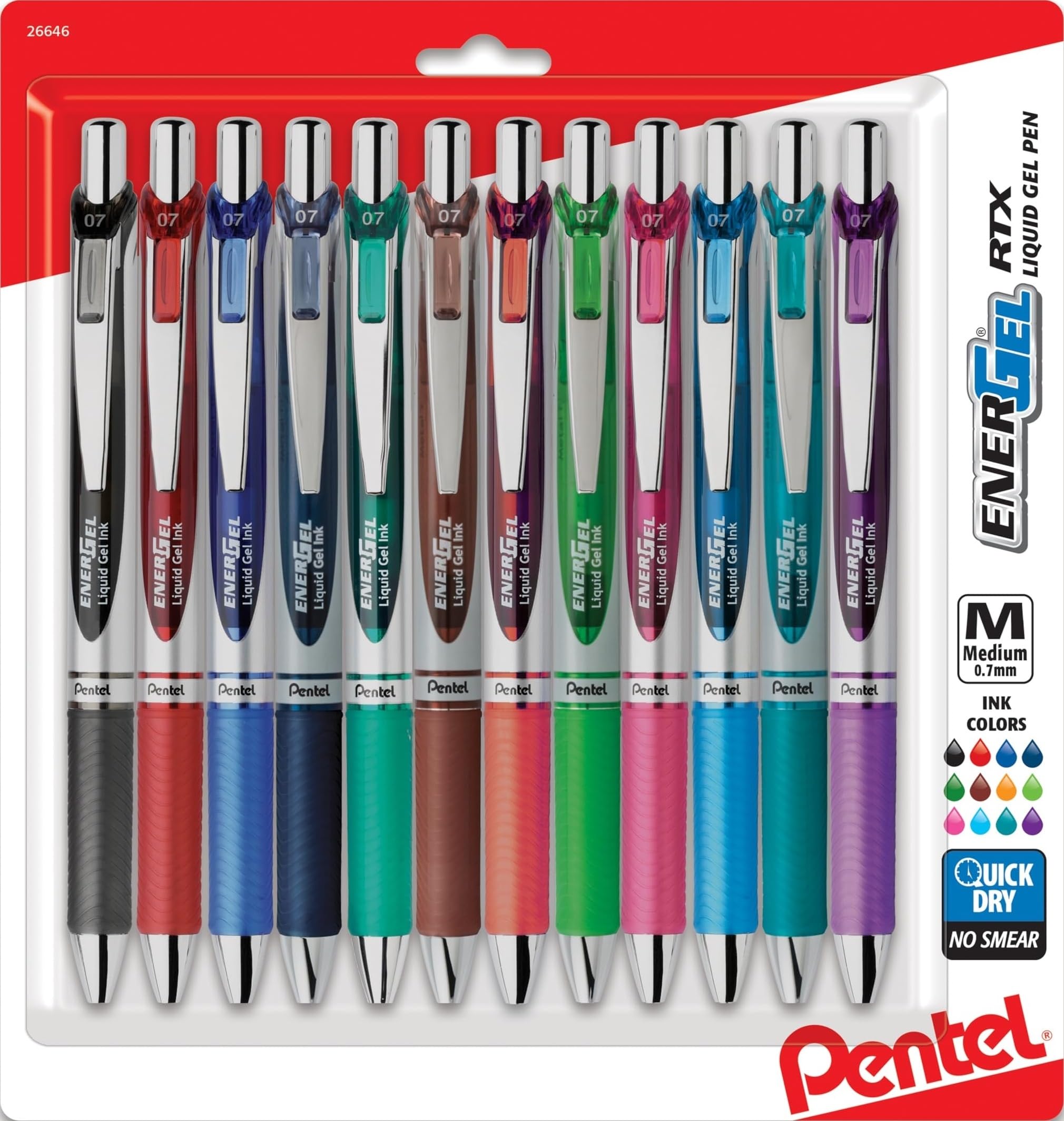 Pentel EnerGel RTX frontal pack mostrando variedad de colores y beneficio de versatilidad