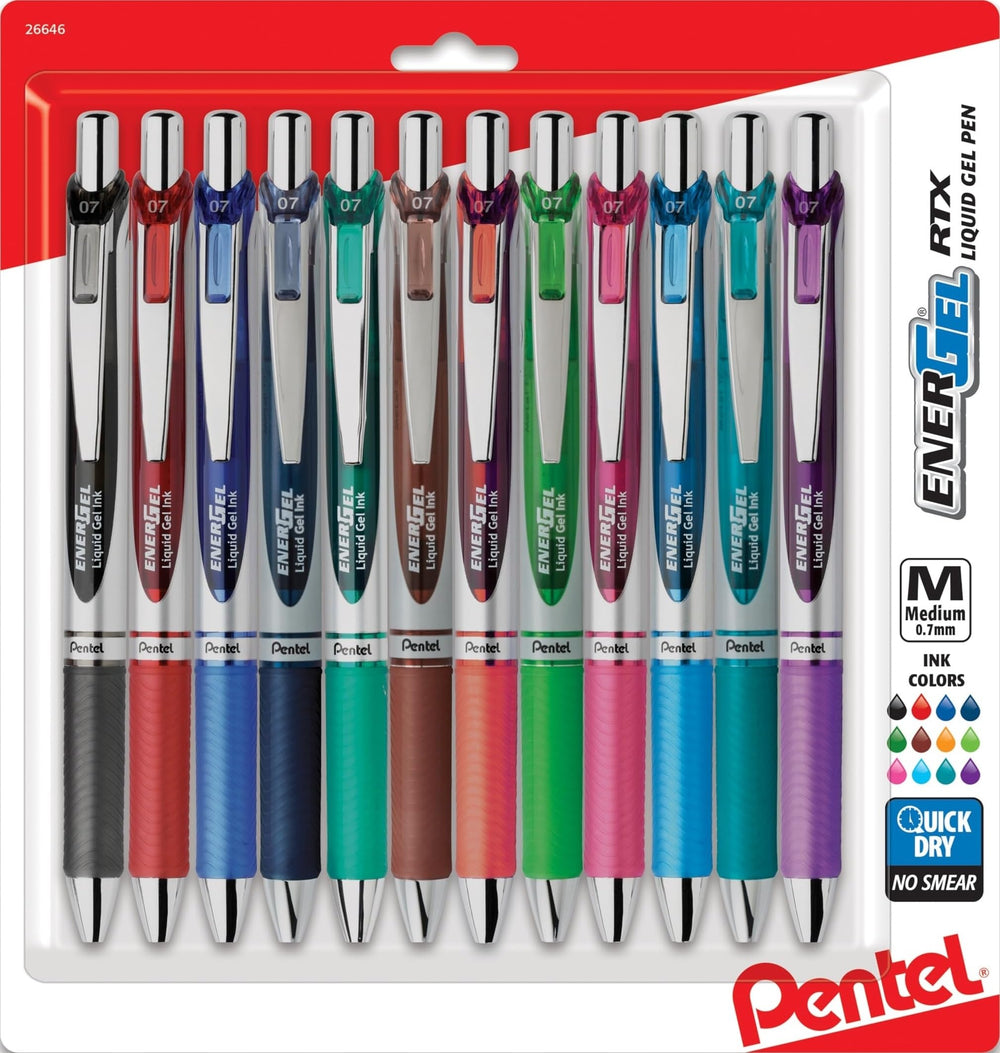 Pentel EnerGel RTX frontal pack mostrando variedad de colores y beneficio de versatilidad