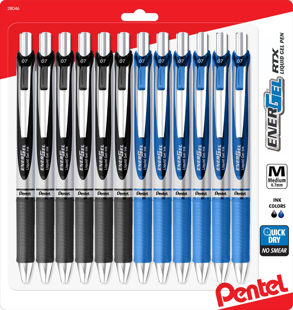 Pentel EnerGel RTX paquete frontal mostrando 12 bolígrafos para uso profesional