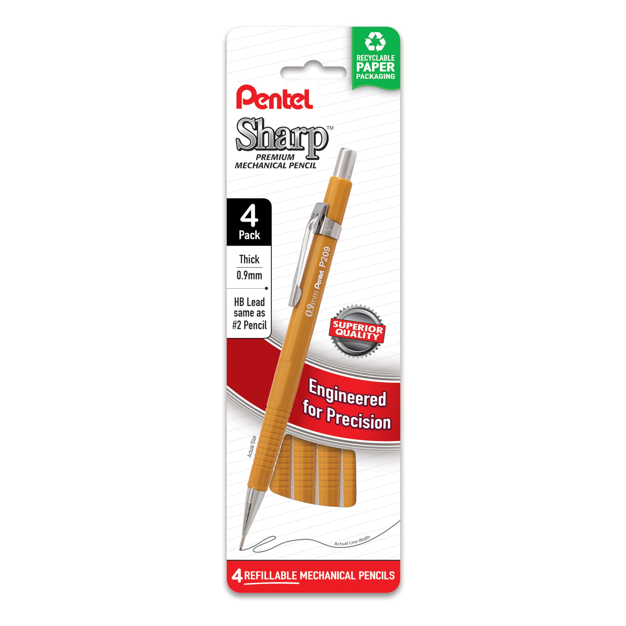 Pentel Sharp pack frontal amarillo mostrando las cuatro unidades y facilidad de identificación