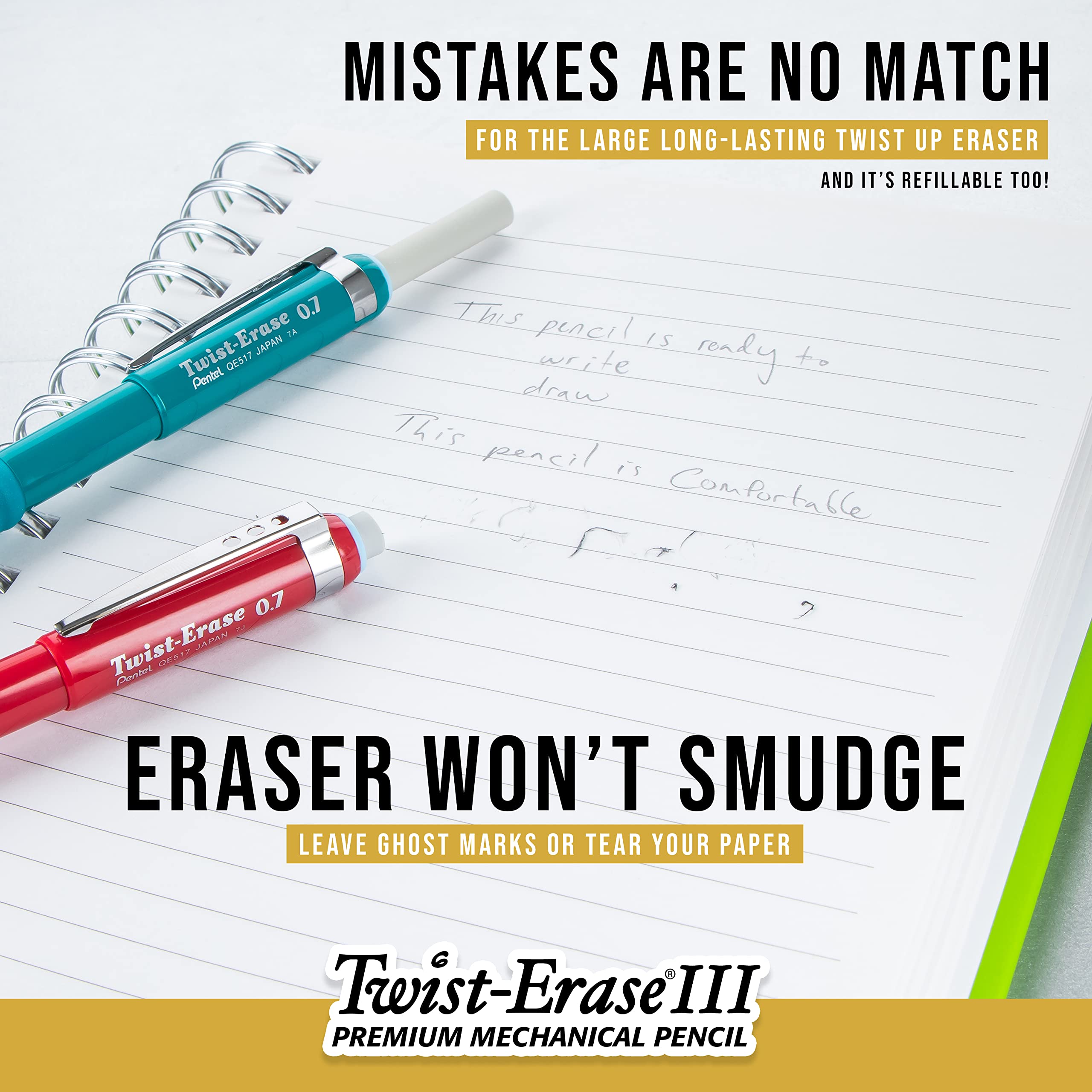 Pentel Twist-Erase III comparación de tamaño con una regla mostrando ergonomía y balance