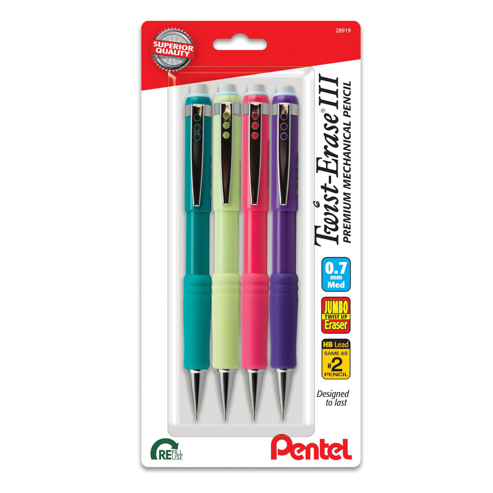 Pentel Twist-Erase III paquete frontal mostrando 4 barriles coloridos y beneficio de variedad